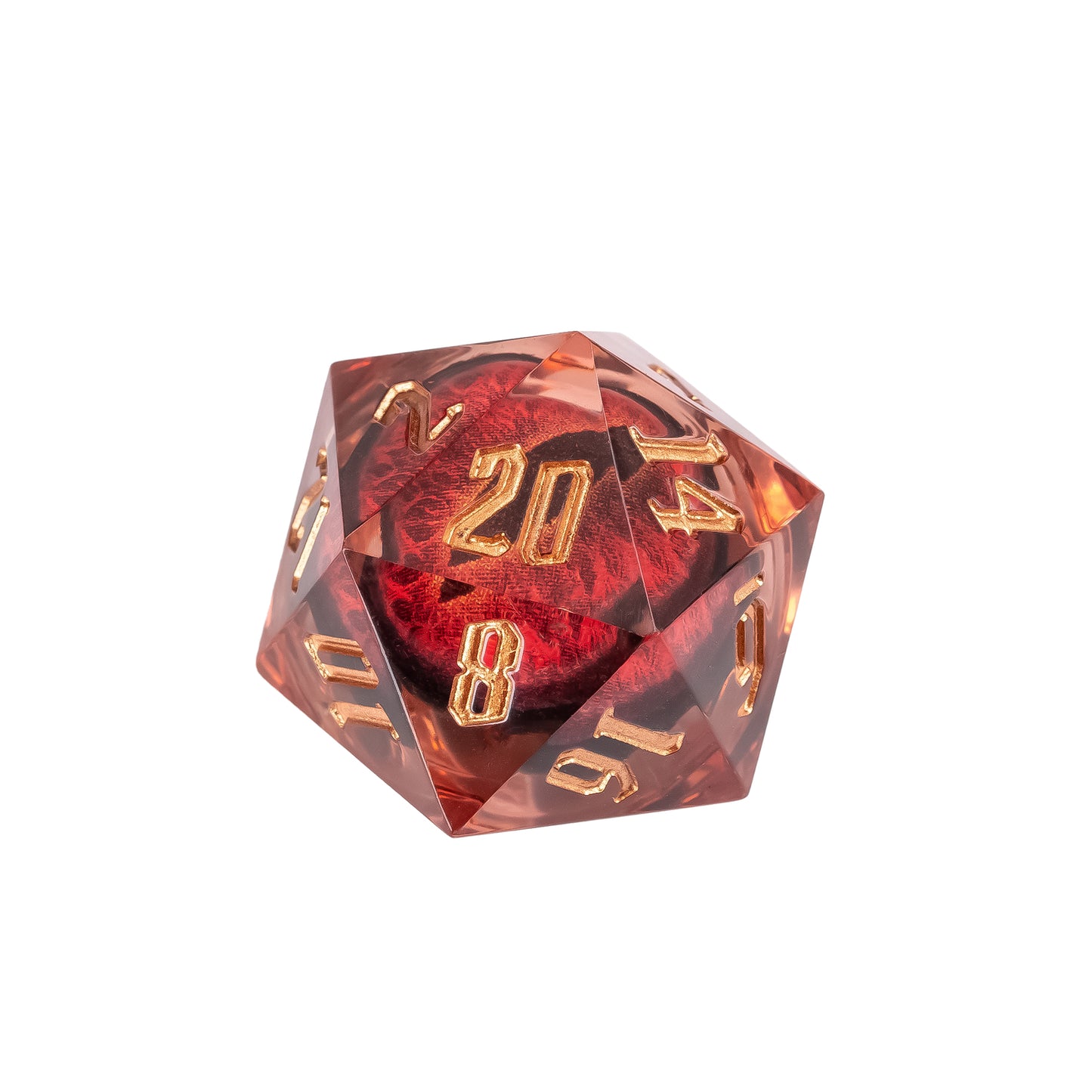 Red Dragon Eye sharp edge D20 with translucent crimson resin, suspended dragon eye core, and metallic gold engraved numbers
