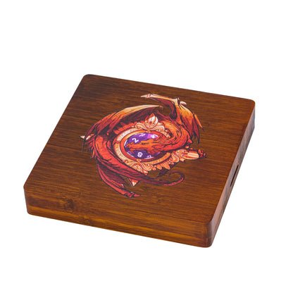 Angled view of Dragon’s Embrace bamboo dice case with engraved dragon design