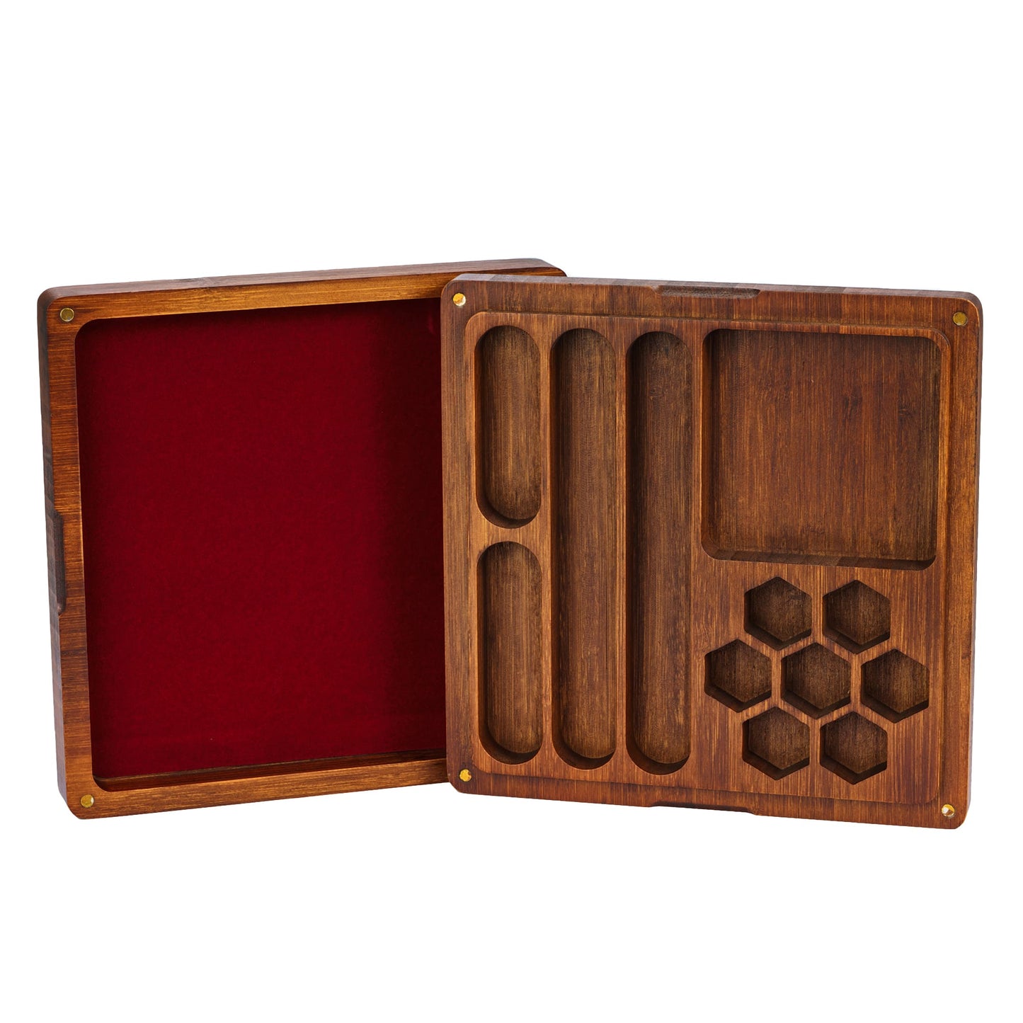 Empty interior of Dragon’s Embrace wooden dice tray with red felt lining and slots