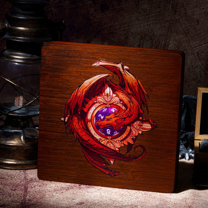 Close-up of Dragon’s Embrace dice tray lid featuring red dragon and purple d20 artwork