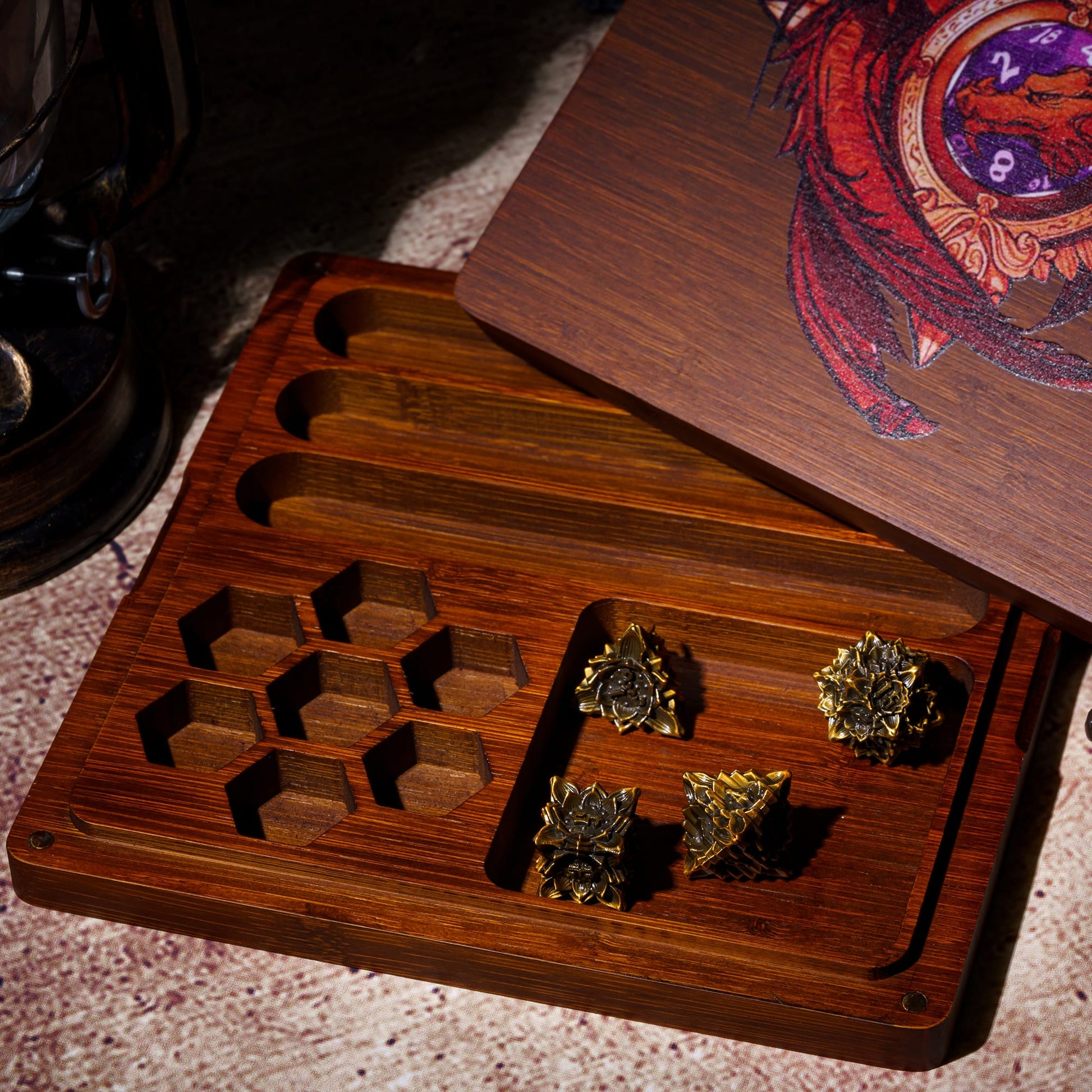 Open Dragon’s Embrace wooden dice tray with brass dice inside for DnD players