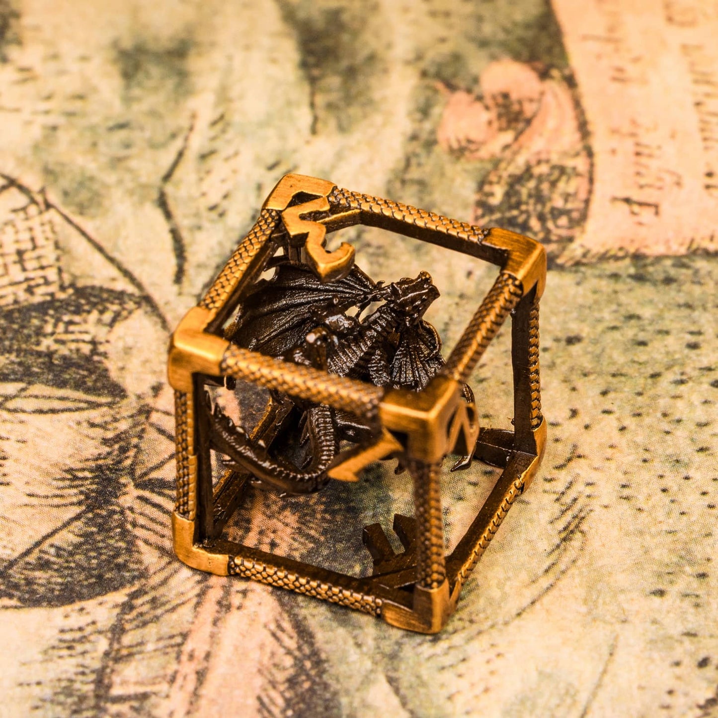 Drake's Nest Hollow Metal Dice Ancient Gold D6 with dragon inside, fantasy dice for DnD & DnD 5e