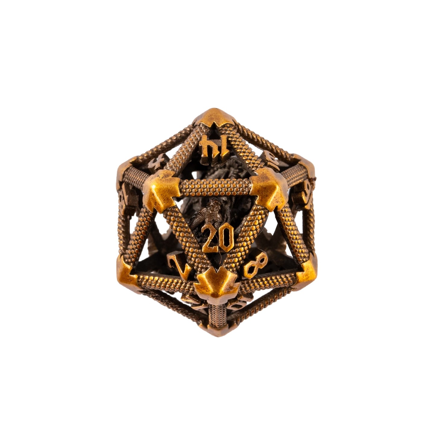 Close up of Drake's Nest hollow metal D20 dice featuring dragon themed metalwork for DnD and DnD 5e