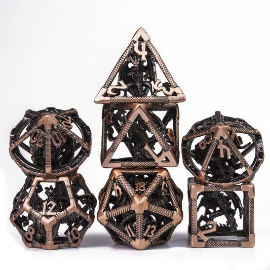 Drake's Nest Hollow Metal Dice Set in Ancient Copper, 7 piece DnD & DnD 5e dice collection