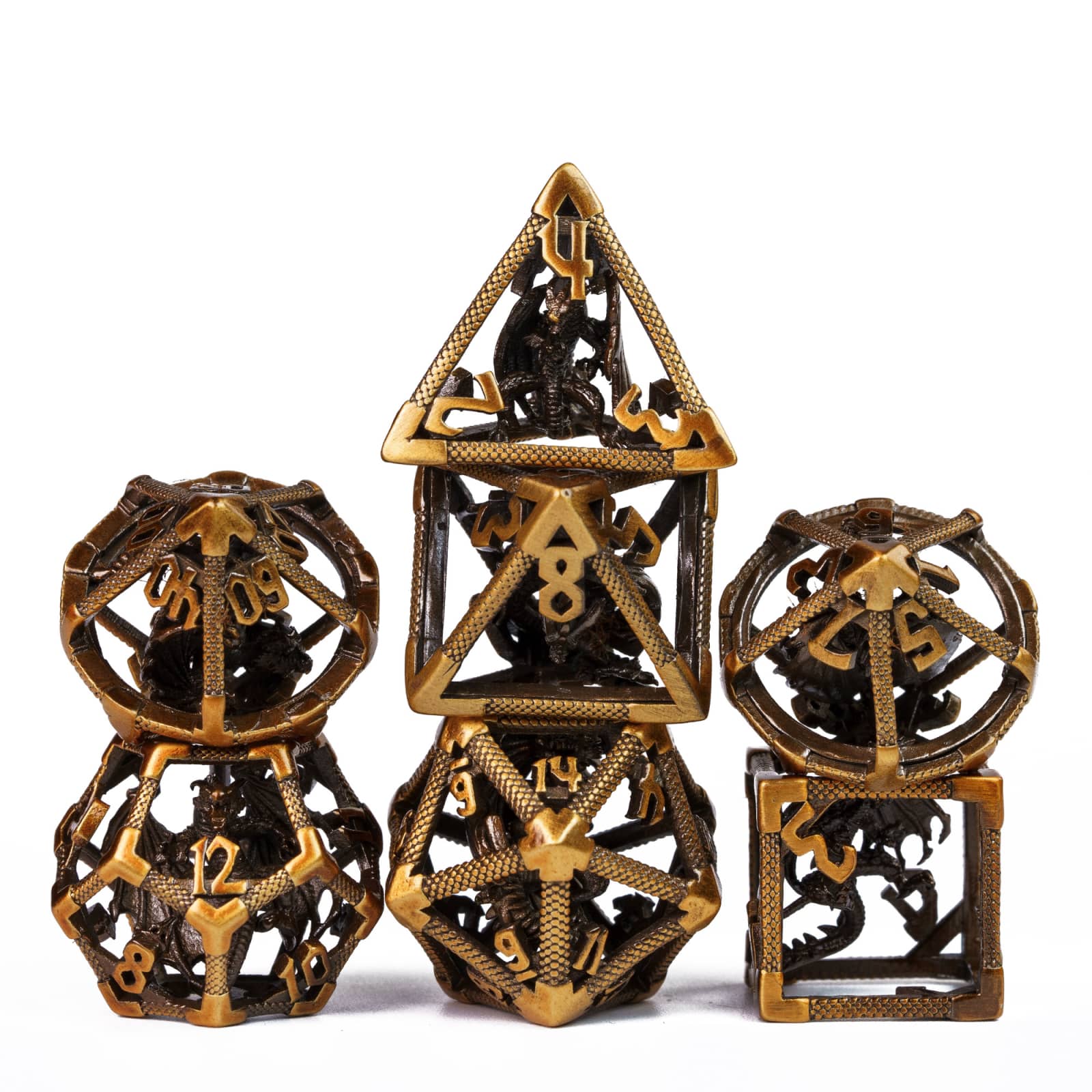 Drake's Nest Hollow Metal Dice Set in Ancient Gold, 7 piece DnD & DnD 5e dice collection