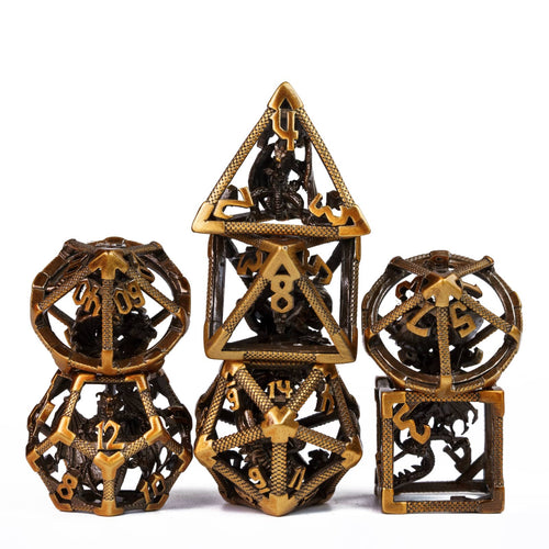 Drake's Nest Hollow Metal Dice Set in Ancient Gold, 7 piece DnD & DnD 5e dice collection