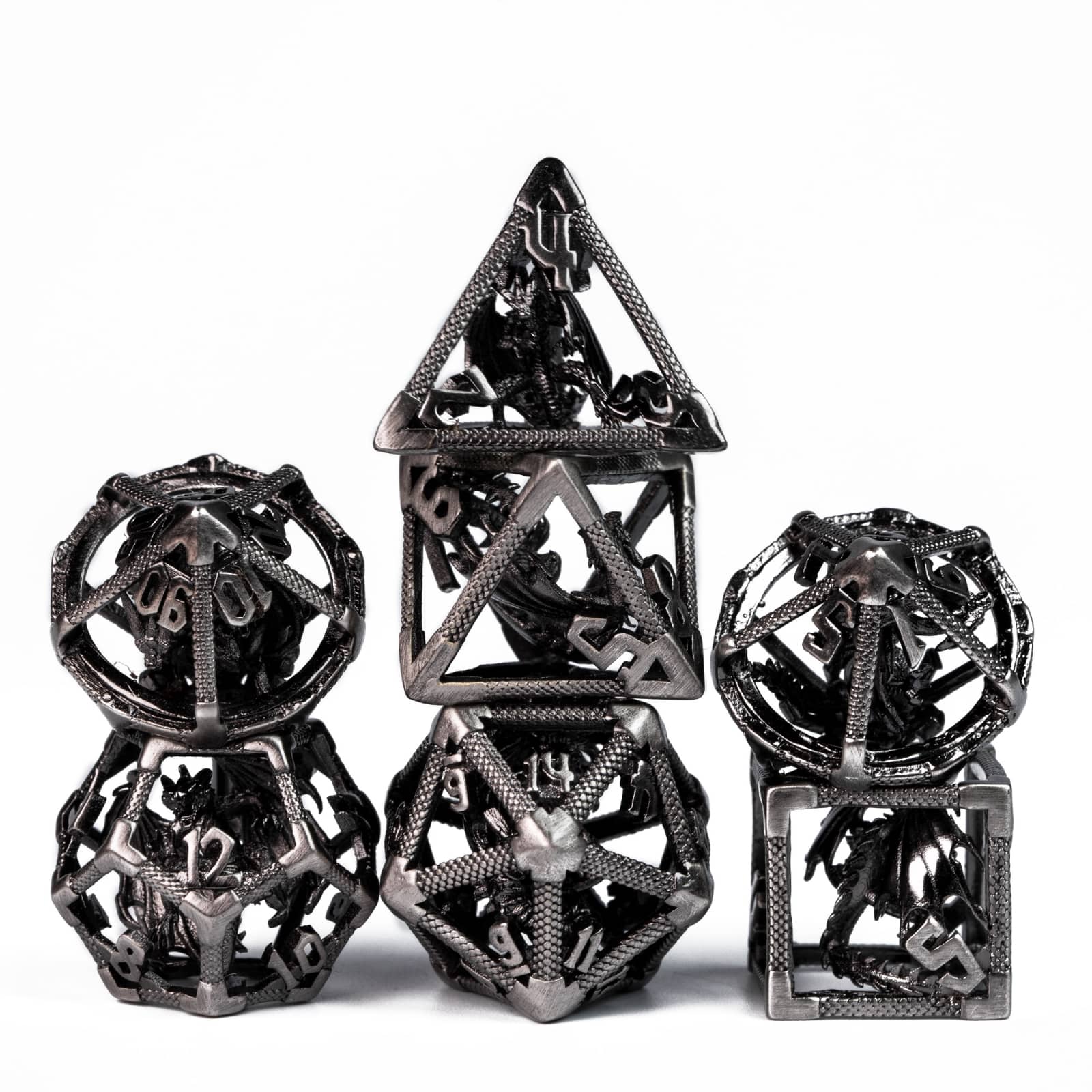 Drake's Nest Hollow Metal Dice Set in Ancient Nickel, 7 piece DnD & DnD 5e dice collection