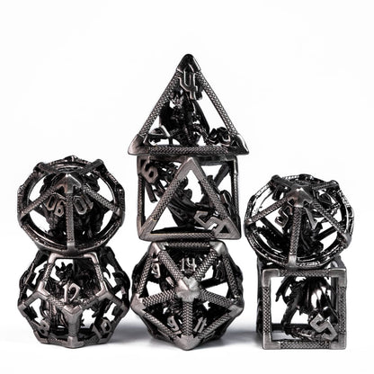 Drake's Nest Hollow Metal Dice Set in Ancient Nickel, 7 piece DnD & DnD 5e dice collection
