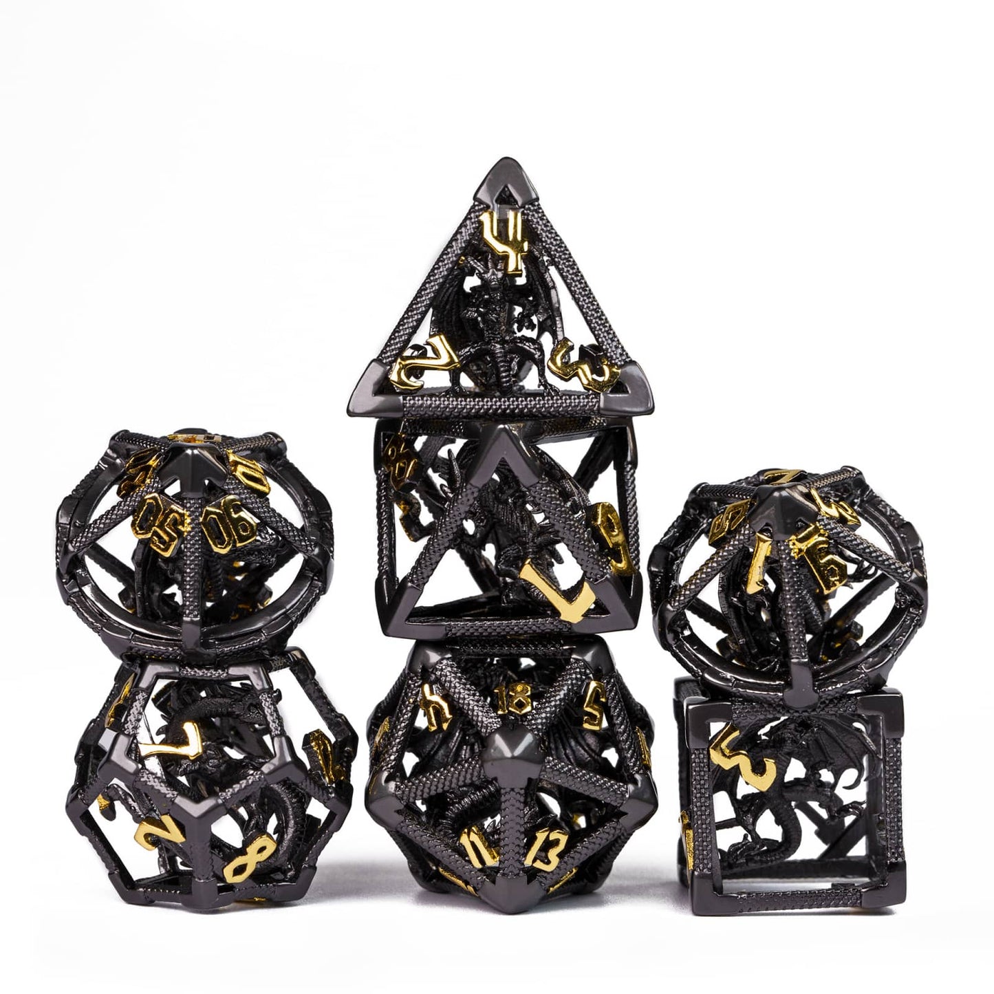 Drake's Nest Hollow Metal Dice Set in Black Gold with gold numbering, 7 piece DnD & DnD 5e