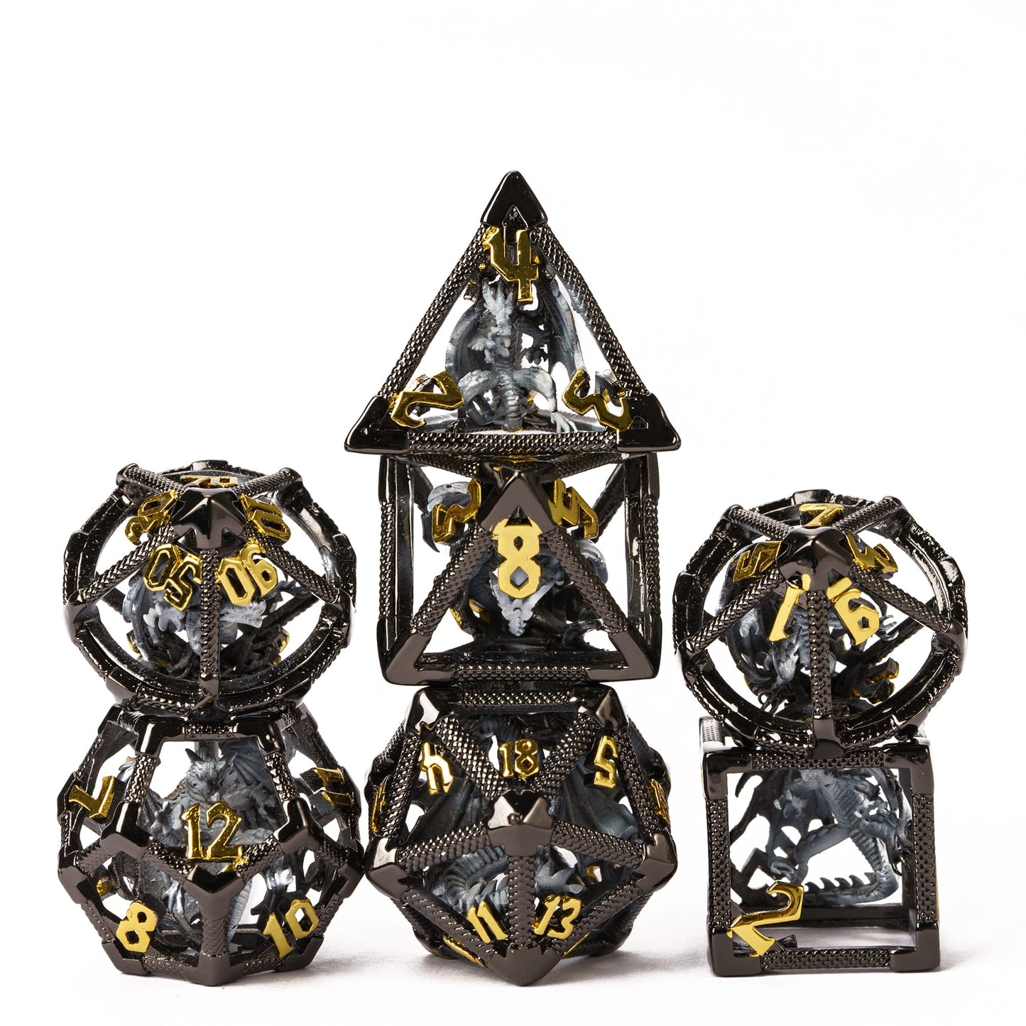 Drake's Nest Hollow Metal Dice Set in Black Gold Silver with gold numbering, 7 piece DnD & DnD 5e