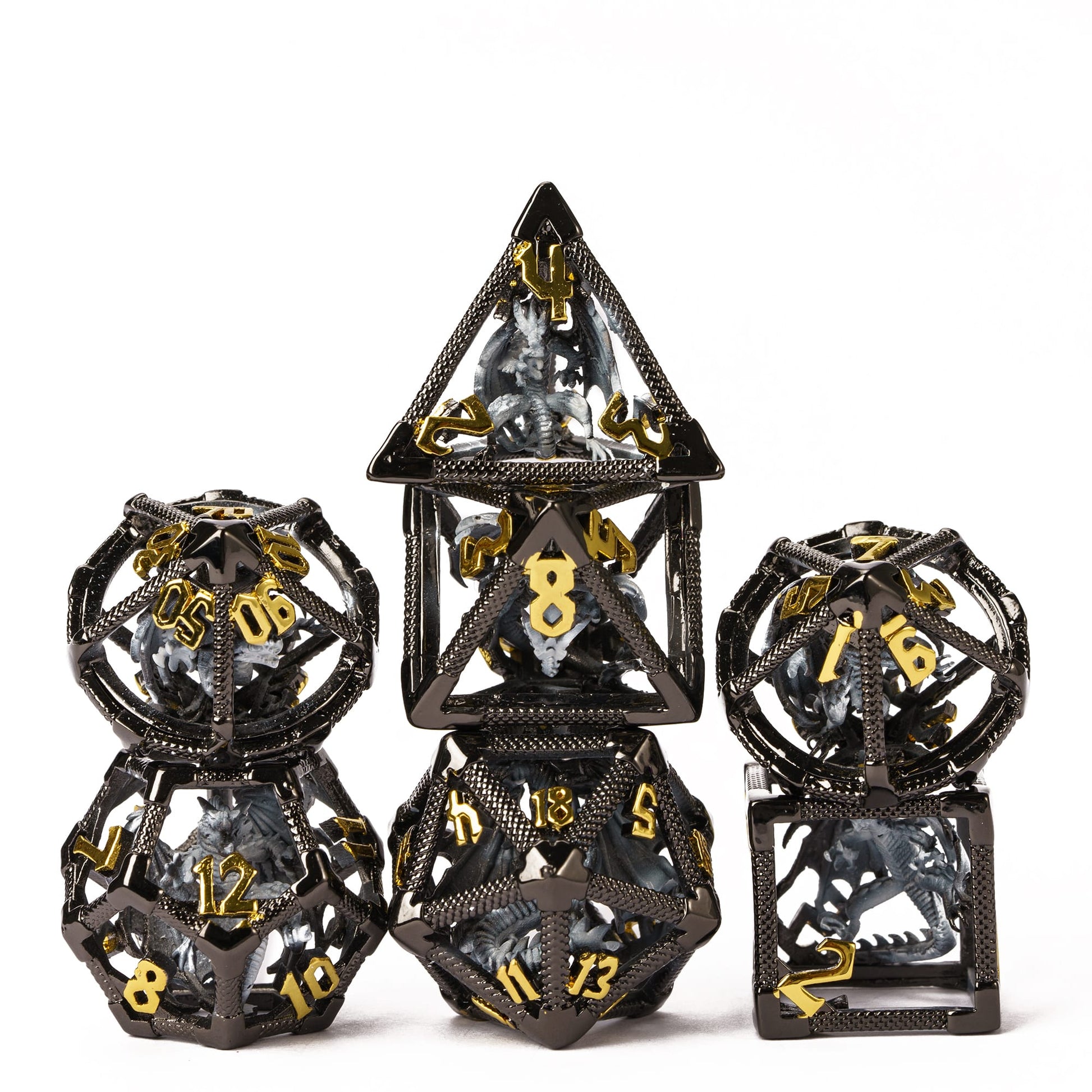 Drake's Nest Hollow Metal Dice Set in Black Gold Silver with gold numbering, 7 piece DnD & DnD 5e