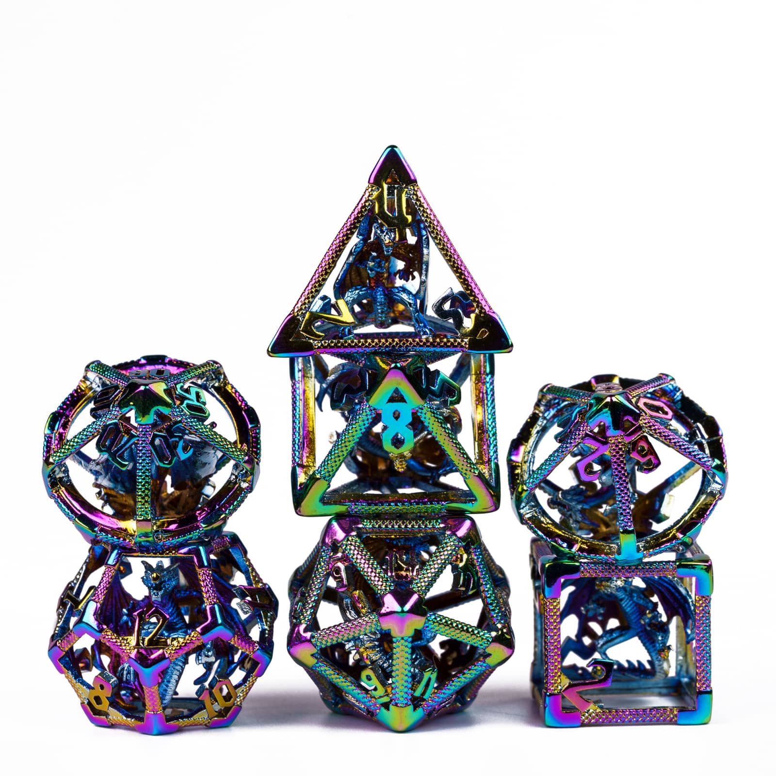 Drake's Nest Hollow Metal Dice Set in Colorful finish, 7 piece DnD & DnD 5e dice collection