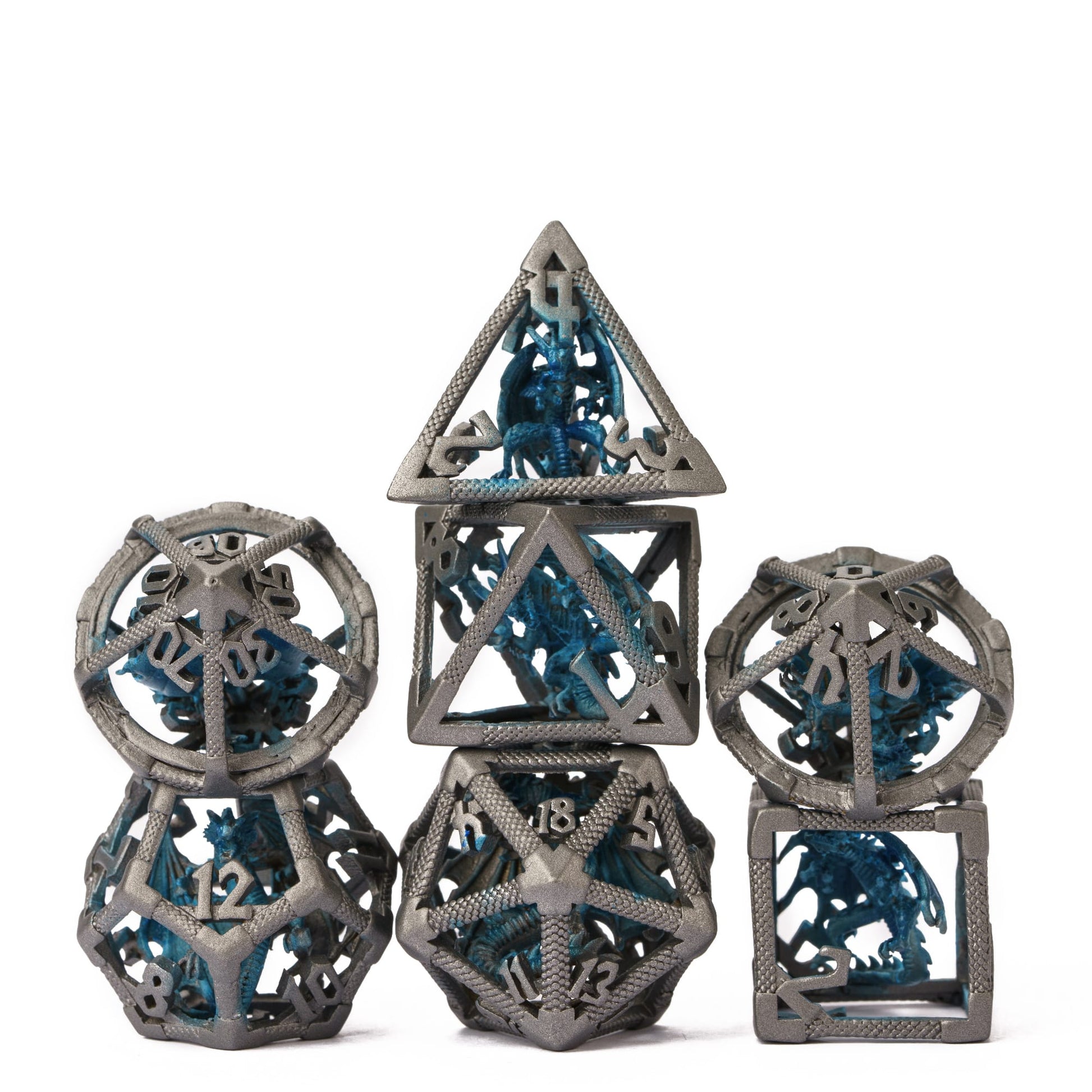 Drake's Nest Hollow Metal Dice Set in Gray Blue finish, 7 piece DnD & DnD 5e dice collection