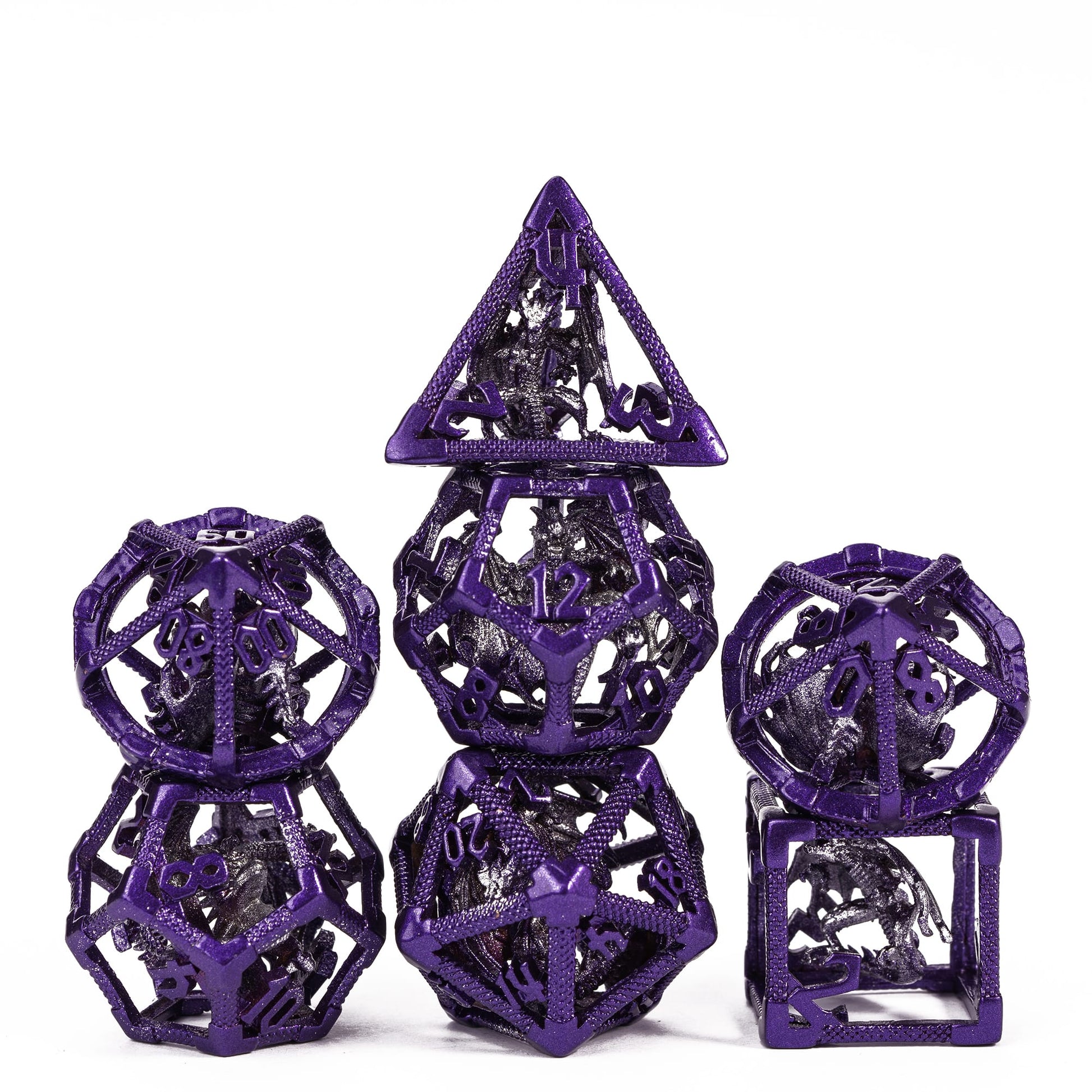 Drake's Nest Hollow Metal Dice Set in Purple Silver, 7 piece DnD & DnD 5e dice collection