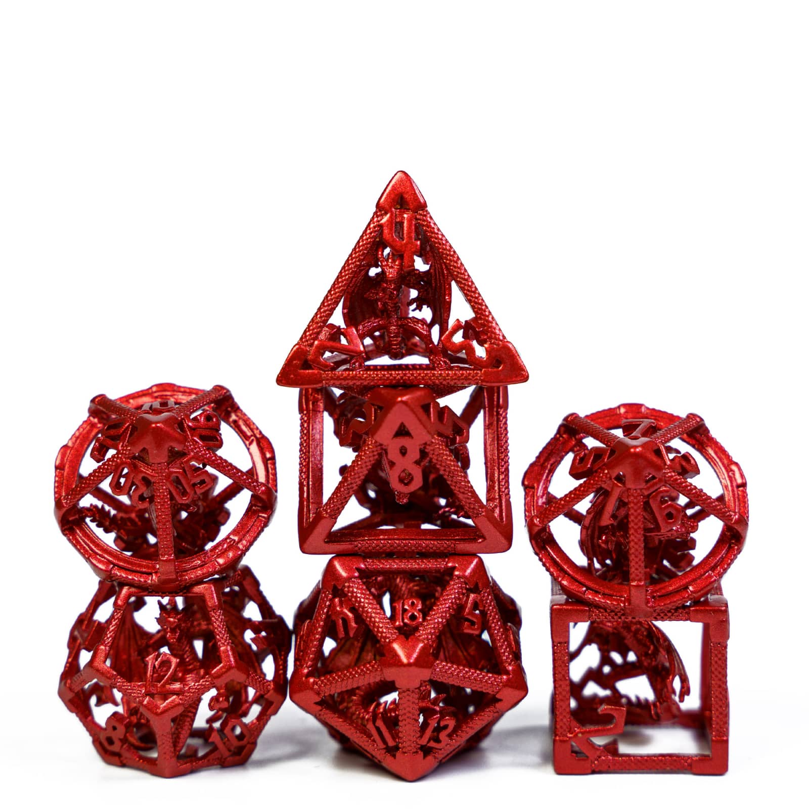 Drake's Nest Hollow Metal Dice Set in Red finish, 7 piece DnD & DnD 5e dice collection