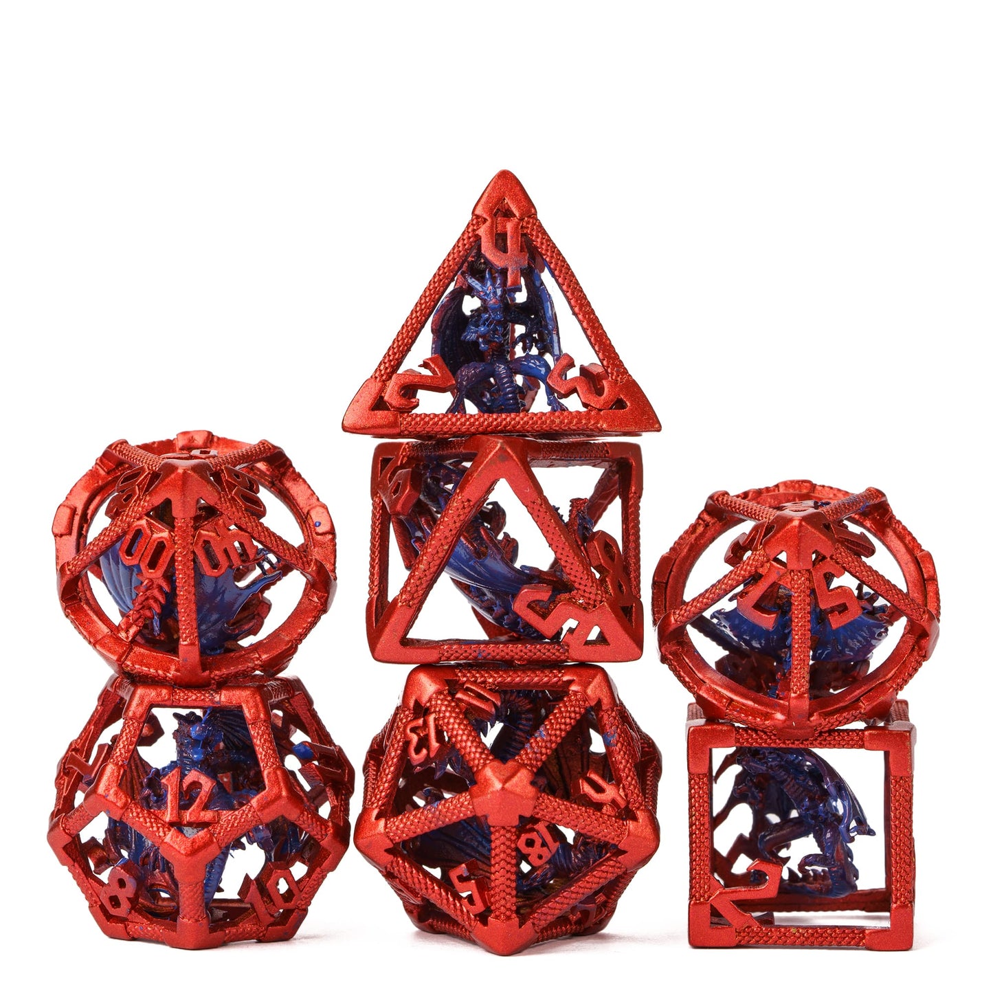 Drake's Nest Hollow Metal Dice Set in Red Purple blend, 7 piece DnD & DnD 5e dice collection