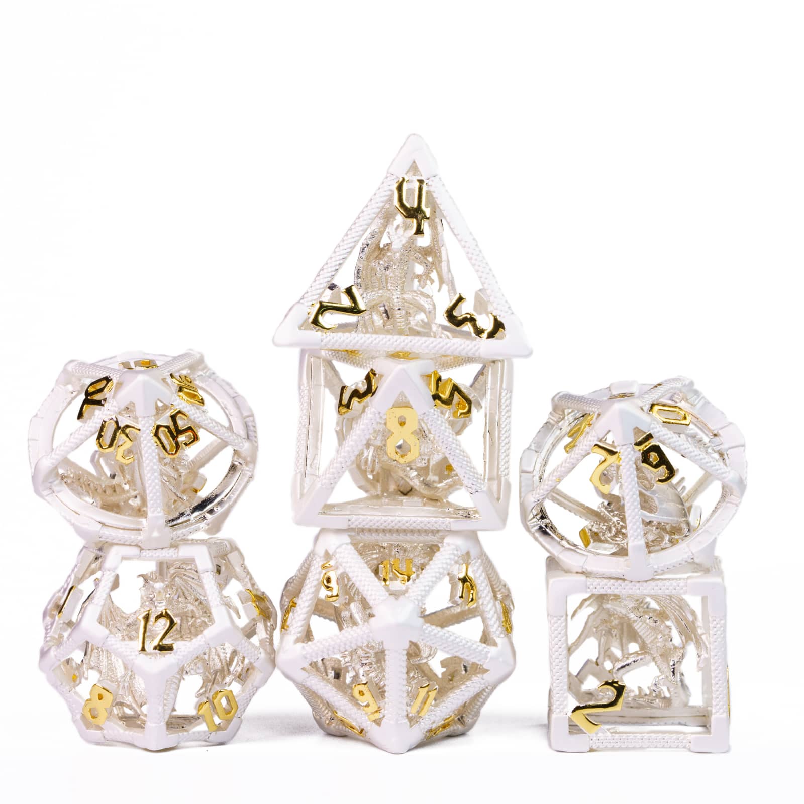 Drake's Nest Hollow Metal Dice Set in Silver Gold with gold numbering, 7 piece DnD & DnD 5e