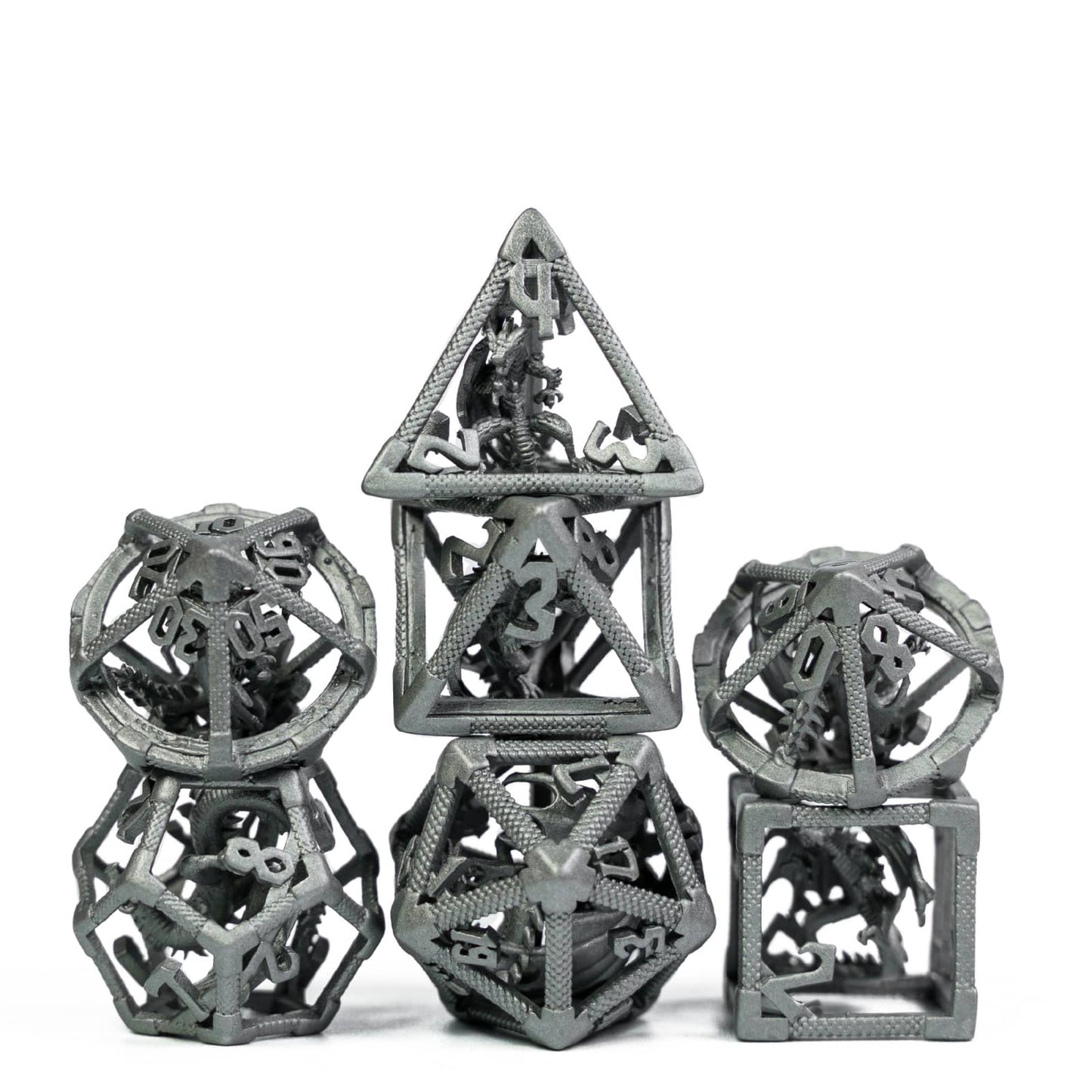 Drake's Nest Hollow Metal Dice Set in Silver Gray finish, 7 piece DnD & DnD 5e dice collection