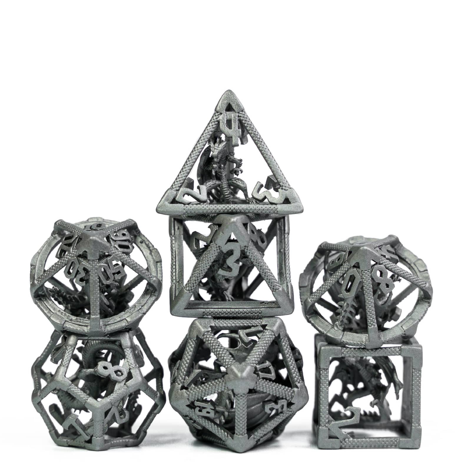 Drake's Nest Hollow Metal Dice Set in Silver Gray finish, 7 piece DnD & DnD 5e dice collection