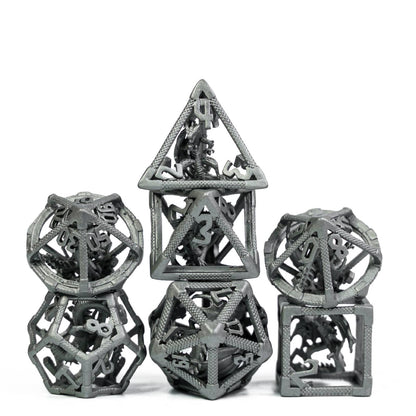 Drake's Nest Hollow Metal Dice Set in Silver Gray finish, 7 piece DnD & DnD 5e dice collection