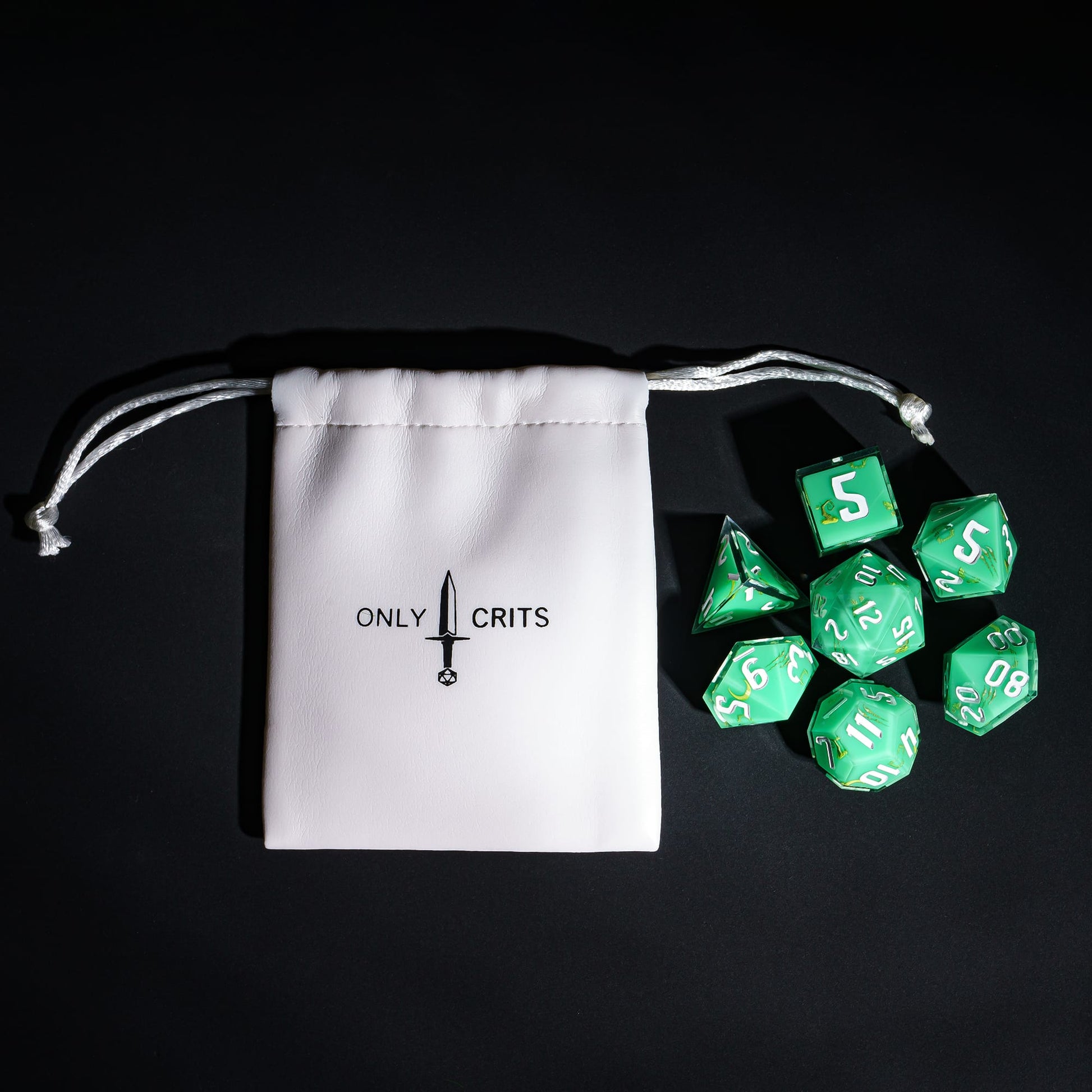 Green Druid Dice Set with Only Crits bag, pastel 7 piece sharp edge dice for DND 5e
