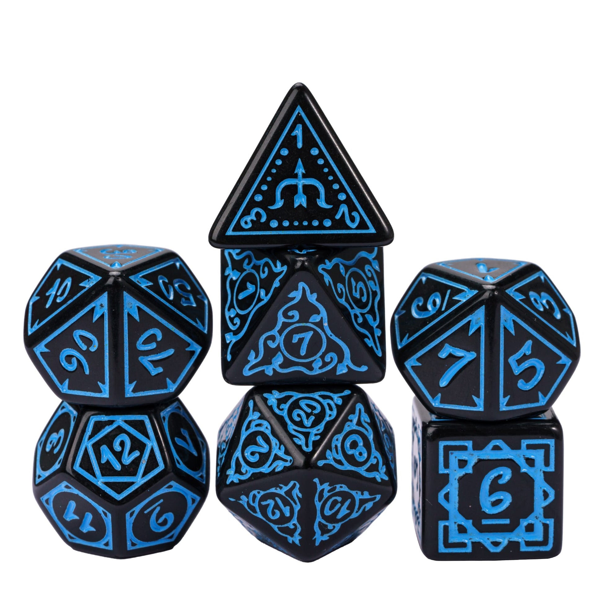 Black & blue Druidic Life Dice Set, 7 piece polyhedral dice for roleplaying games