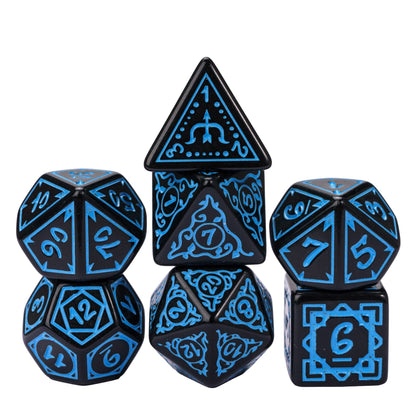 Black & blue Druidic Life Dice Set, 7 piece polyhedral dice for roleplaying games