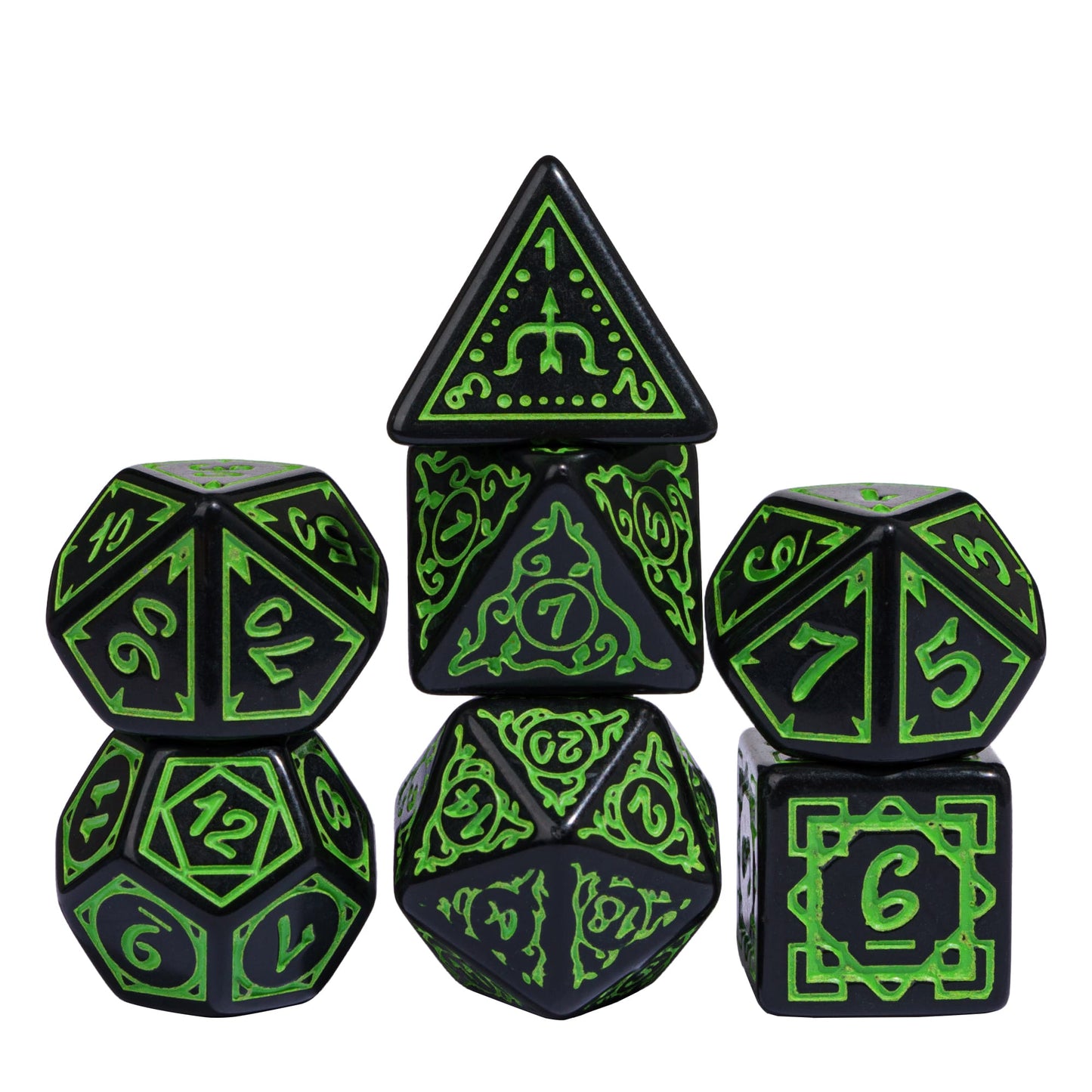 Black & green Druidic Life Dice Set, 7 piece fantasy dice for DND & TTRPGs