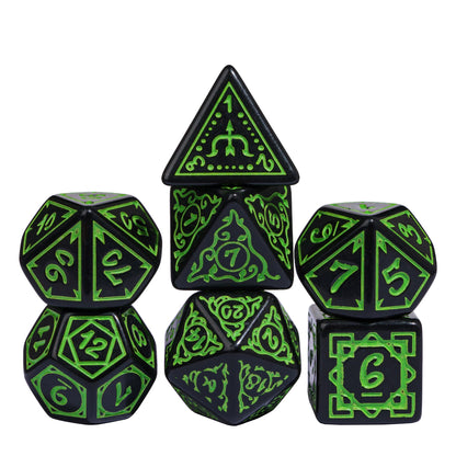 Black & green Druidic Life Dice Set, 7 piece fantasy dice for DND & TTRPGs