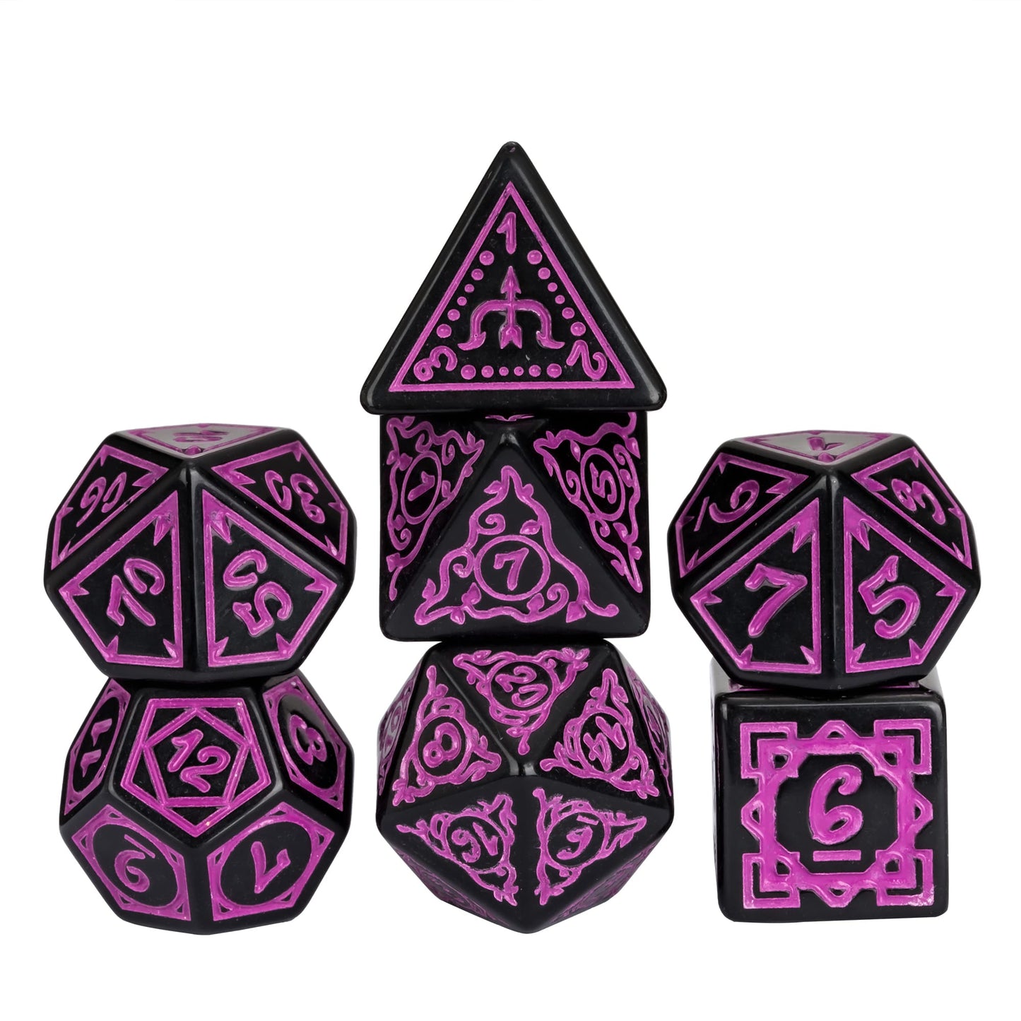 Black & purple Druidic Life Dice Set, 7 piece polyhedral dice for tabletop games