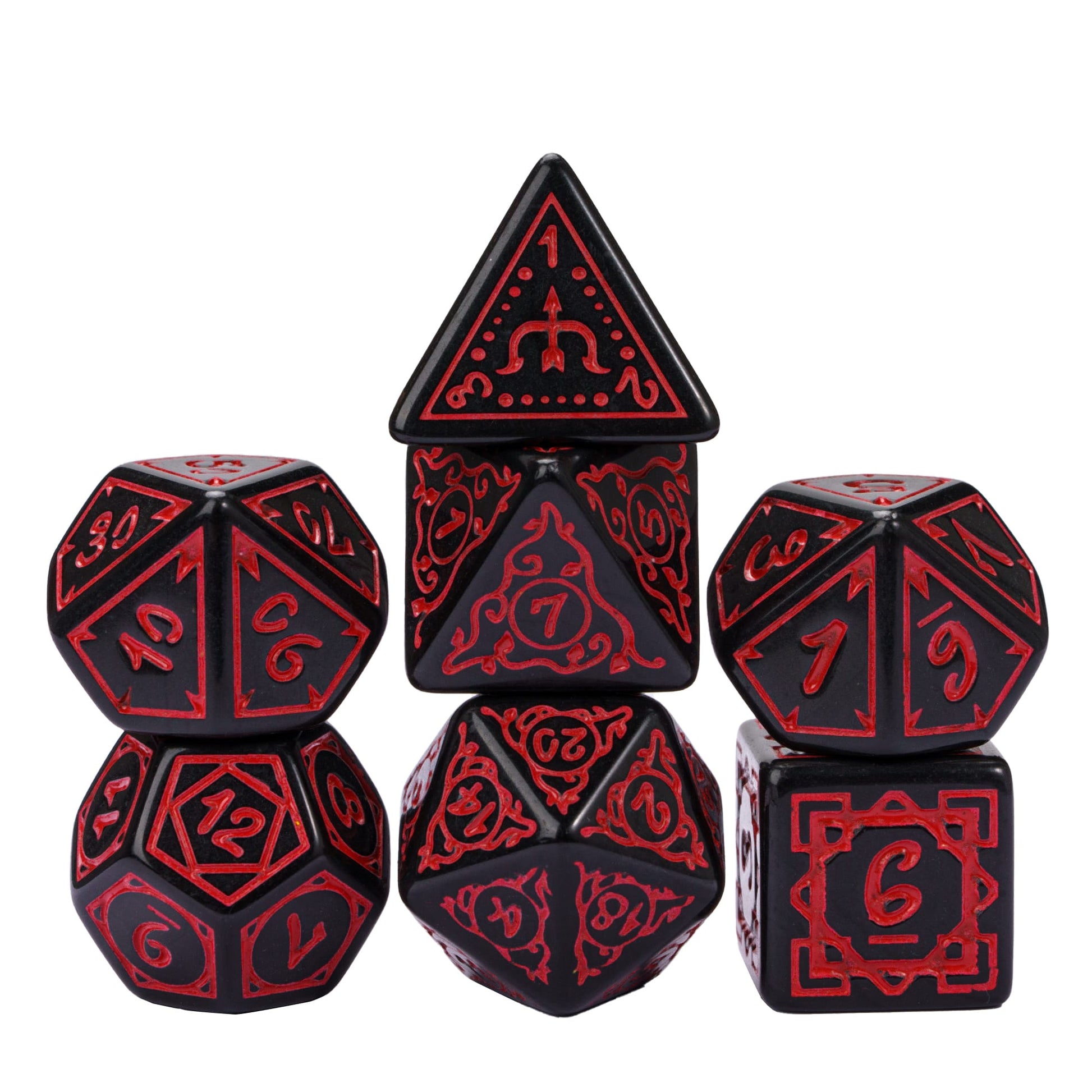Black & red Druidic Life Dice Set, 7 piece RPG dice with fantasy designs