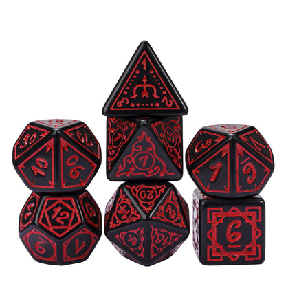 Black & red Druidic Life Dice Set, 7 piece RPG dice with fantasy designs
