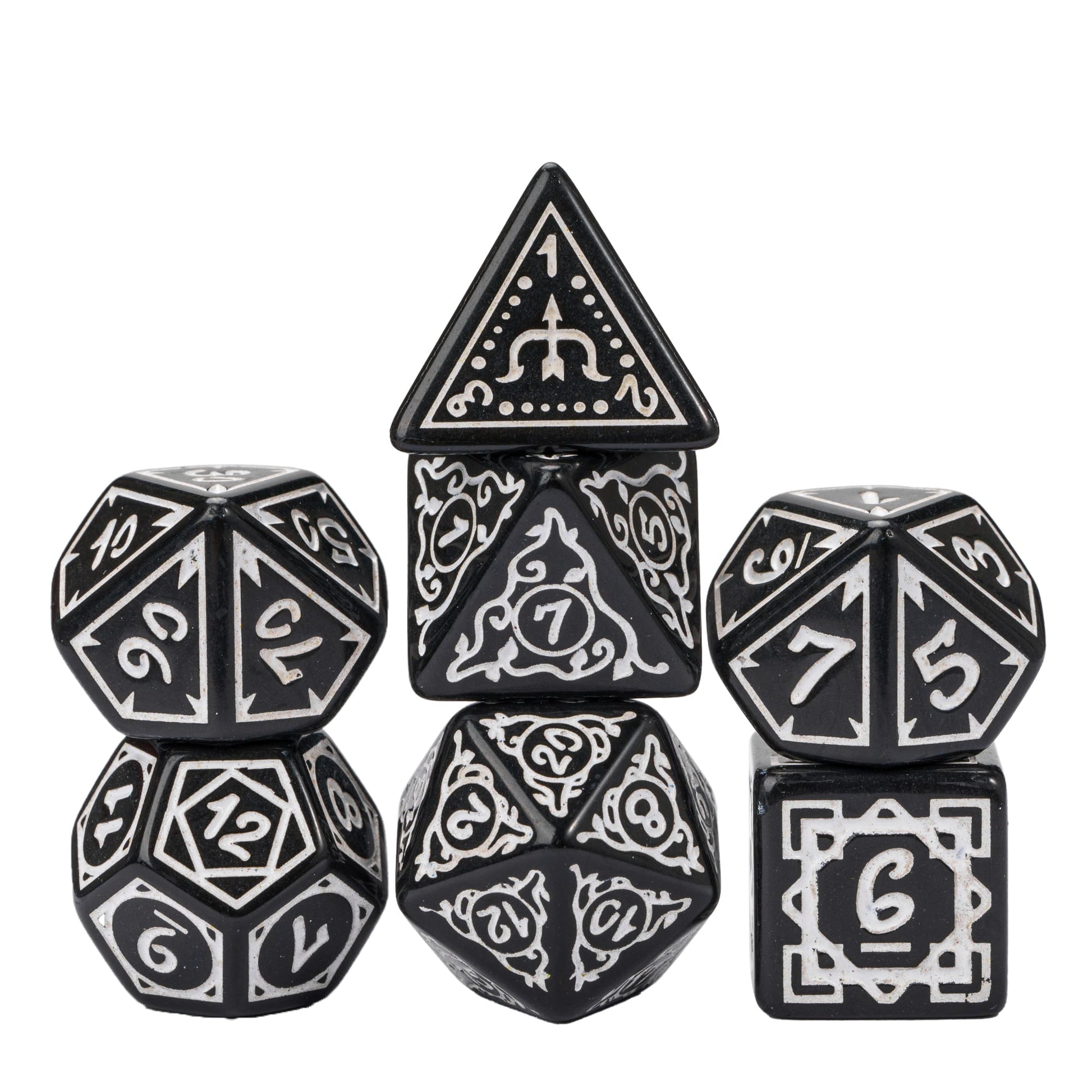 Black & white Druidic Life Dice Set, 7 piece fantasy dice with detailed etchings