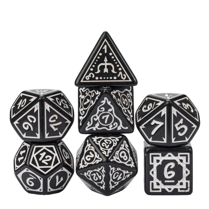 Black & white Druidic Life Dice Set, 7 piece fantasy dice with detailed etchings