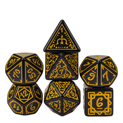 Black & yellow Druidic Life Dice Set, 7 piece tabletop RPG dice set