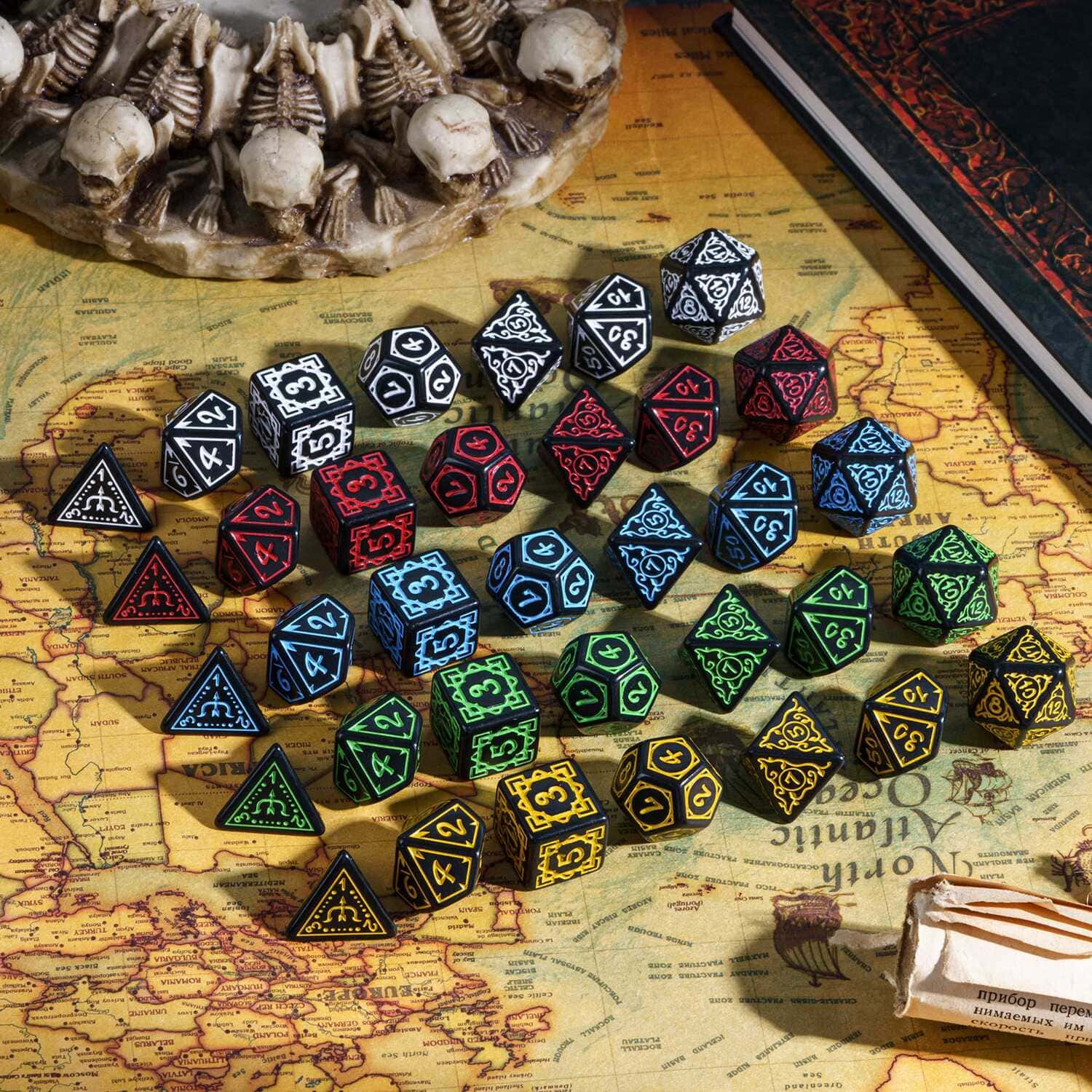 Full collection of Druidic Life Dice Sets in all 8 colors displayed on fantasy map