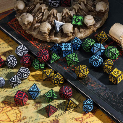 Multi-color Druidic Life Dice Sets arranged on tabletop with fantasy props