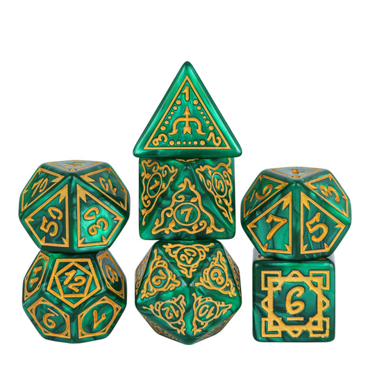 Green & gold Druidic Life Dice Set, 7 piece polyhedral dice with ornate fantasy styling