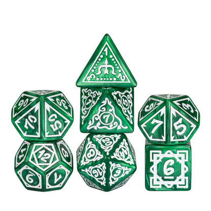 Green & white Druidic Life Dice Set, 7 piece RPG dice with intricate fantasy patterns