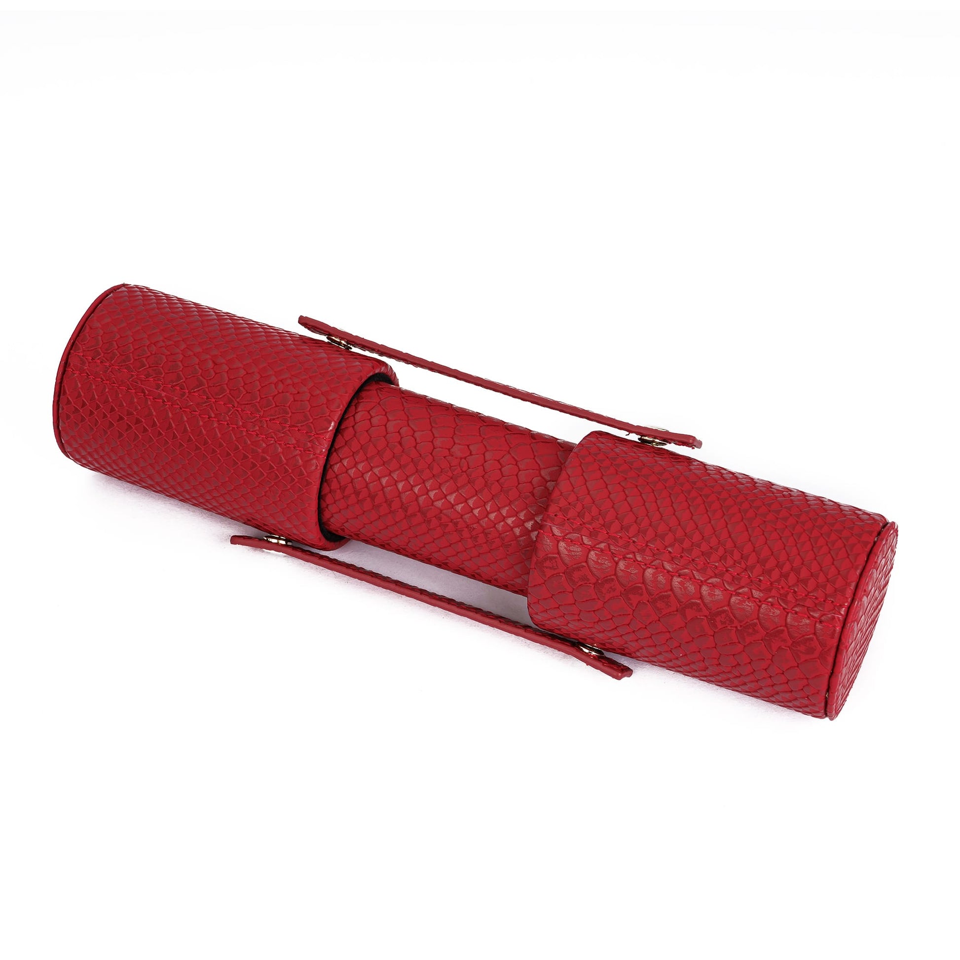Red Dungeon Master Dice Case fully closed, textured with dragon scale design for DnD & tabletop RPGs