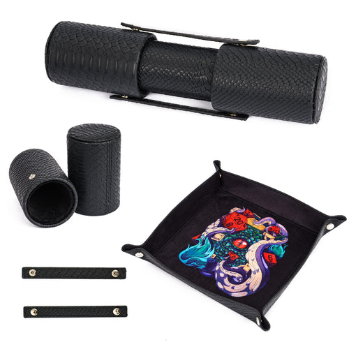 Black Dungeon Master Dice Tray & Case set with dice storage tube and Kraken artwork tray for DnD & TTRPGs