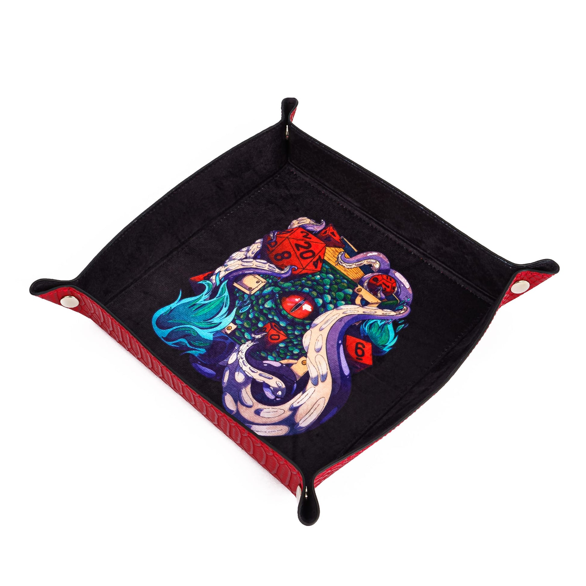 Open red Dungeon Master Dice Tray showing Kraken dice artwork inside, perfect for DnD & DnD 5e