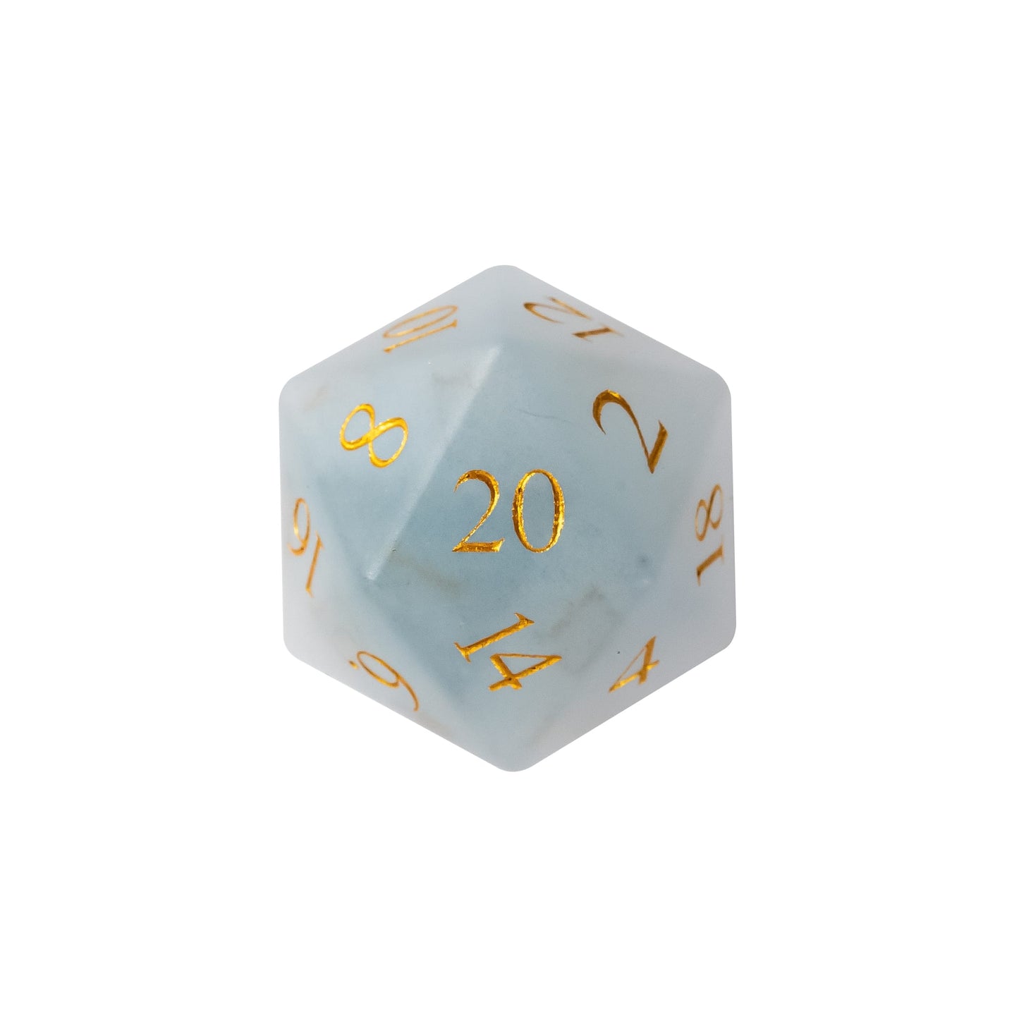 Dwarven Collectables Stone Dice Set D20 crafted from natural light blue stone with gold numbering for DnD and tabletop RPGs