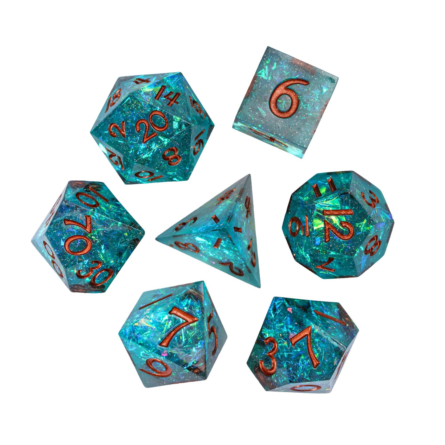 Flatlay of all seven Echoes of Atlantis Sharp Edge Dice Set pieces, great for DnD & DnD 5e gaming.