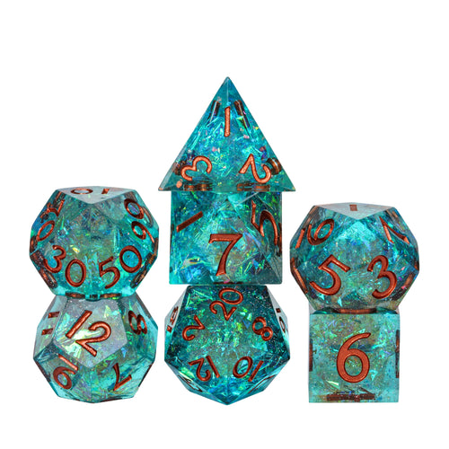 Stacked Echoes of Atlantis Sharp Edge Dice Set showing detailed design for DnD & DnD 5e campaigns.