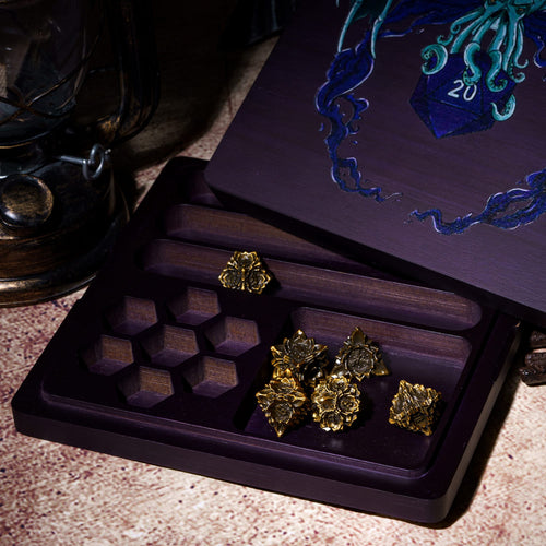 Wooden Eldritch Abyss dice tray and storage case with octopus design, secure accessory for DND dice