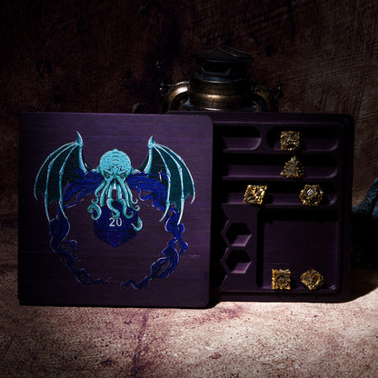 Purple Eldritch Abyss dice tray and case with detailed octopus artwork, perfect for DND and RPG dice storage