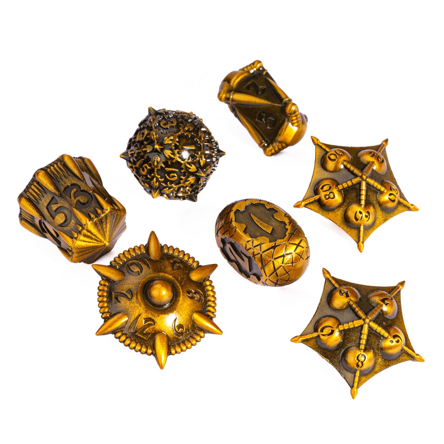 Close-up of spiked d20 from Eldritch Edge Metal Dice Collection Ancient Gold for Dungeons & Dragons