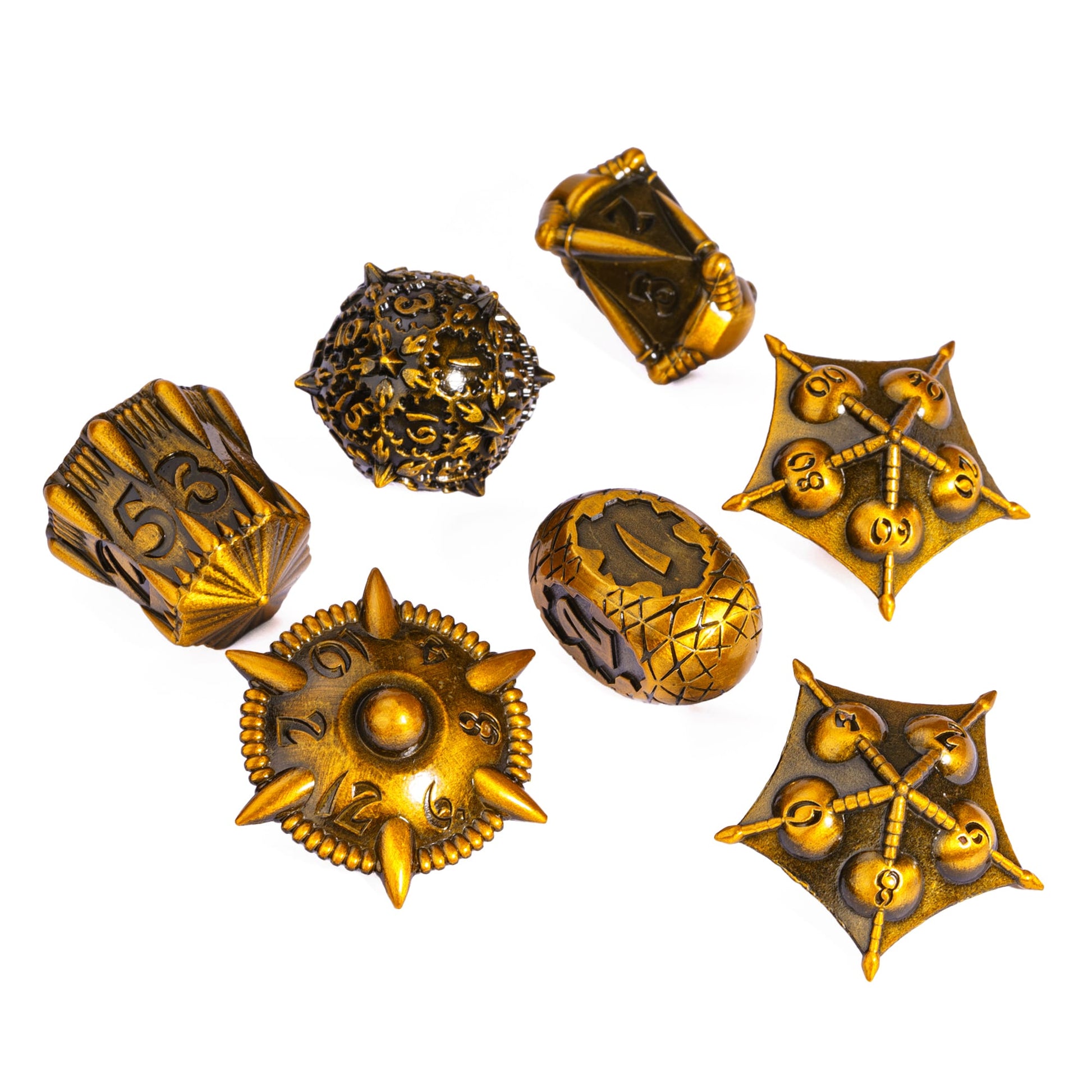 Close-up of spiked d20 from Eldritch Edge Metal Dice Collection Ancient Gold for Dungeons & Dragons