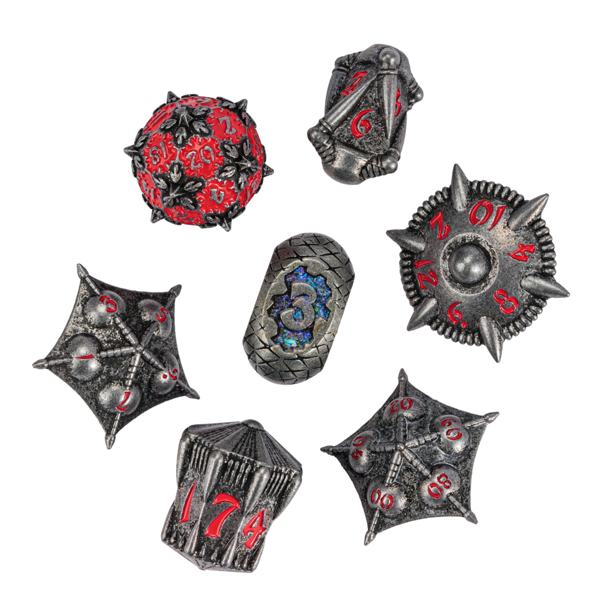 Flat lay of Eldritch Edge Metal Dice Collection in Black Red finish, heavy metal polyhedral dice for DnD & TTRPGs